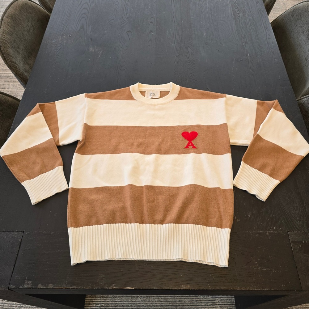 Ami Paris Alexandre Mattiussi Striped Crewneck Sweater Tan Cream Ami de Coeur M - Picture 3 of 4